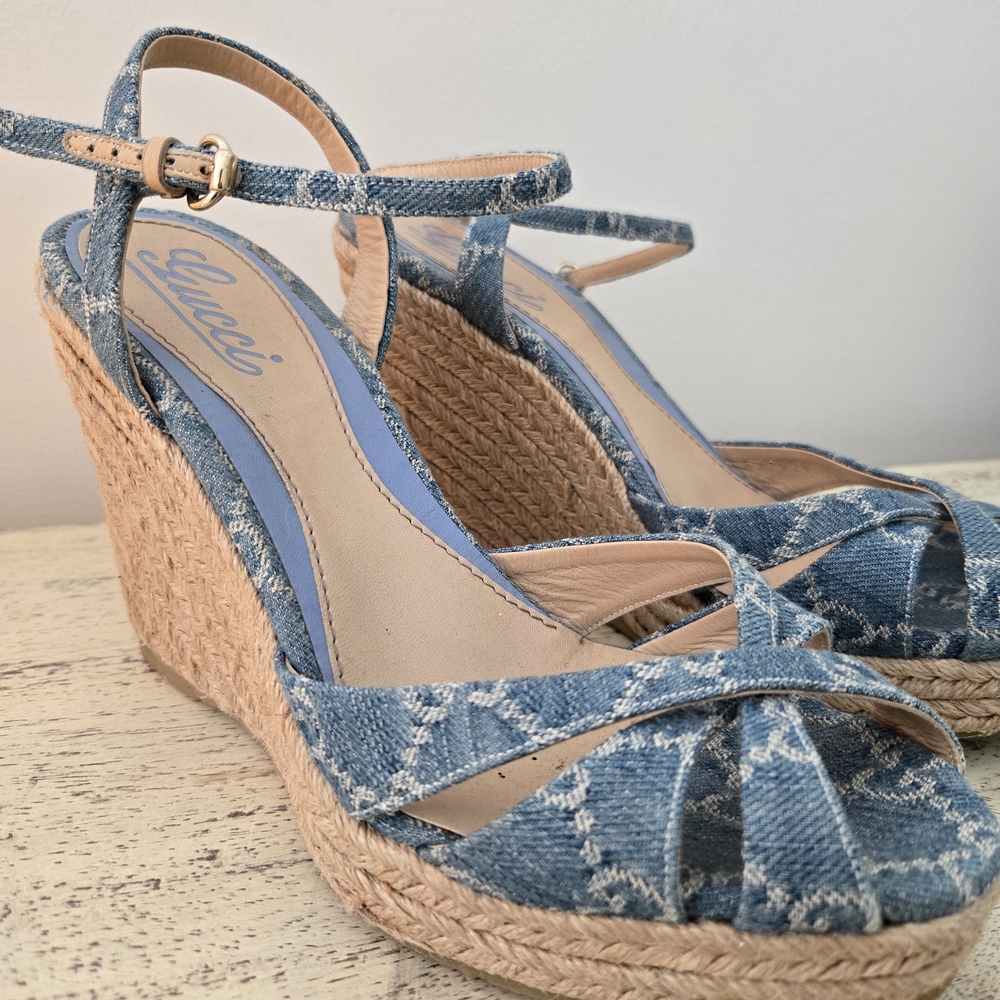 Gucci Blue Wedge Sandals with Espadrille Detail